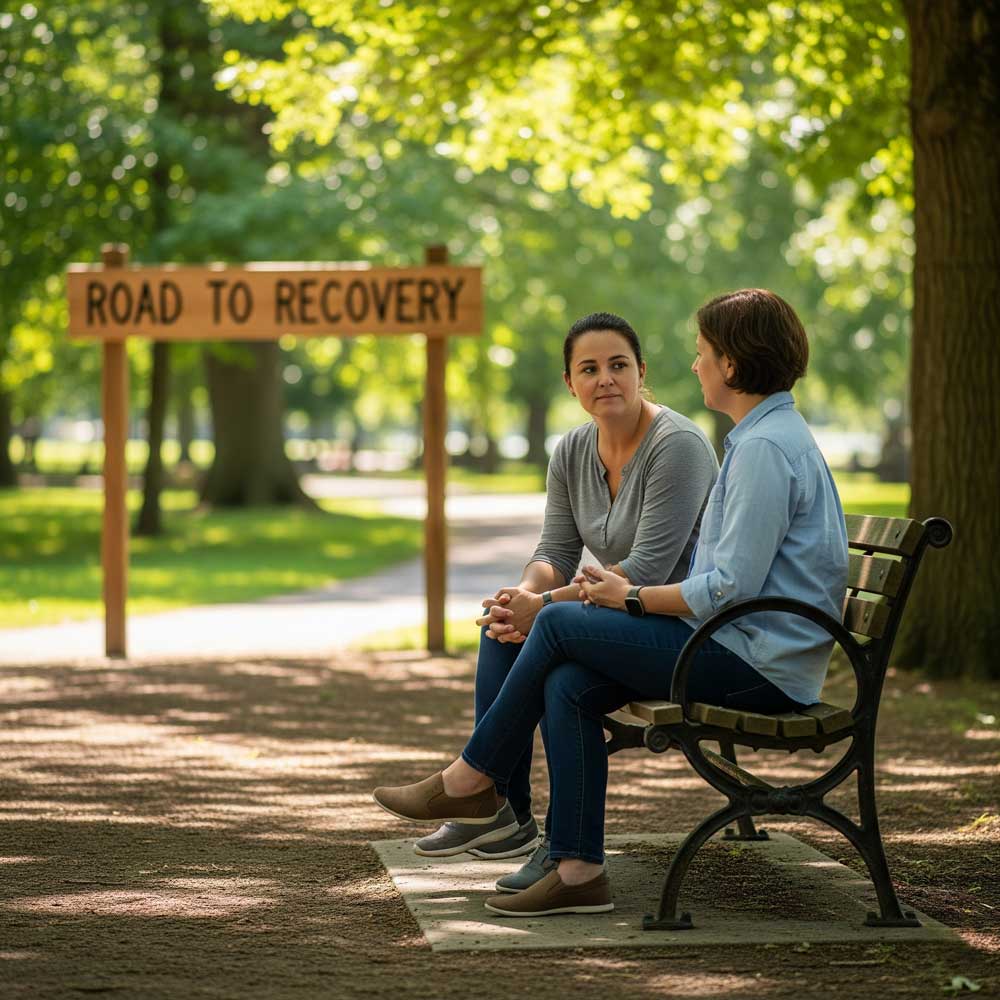 Peer konzulant s klientem na lavičce v parku